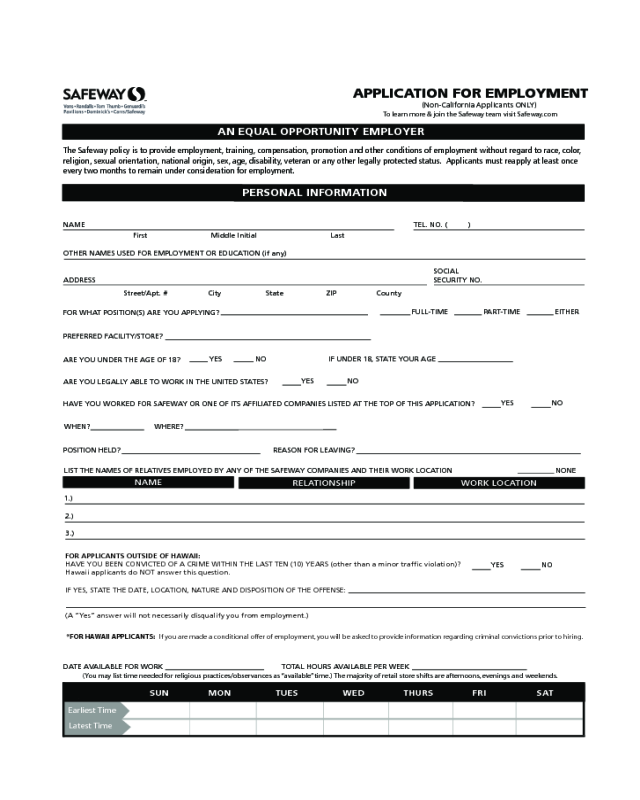 Safeway Application Form
