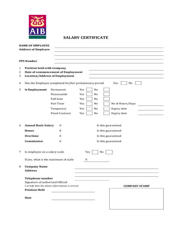 Salary Certificate Form - AIB