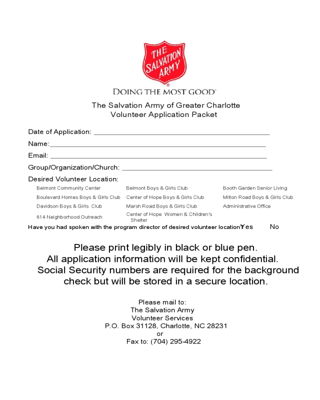 Salvation Army Volunteer Application Form - Carolina