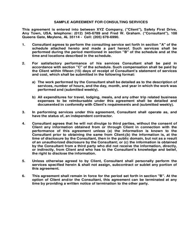 Sample Agreement for Consulting Services