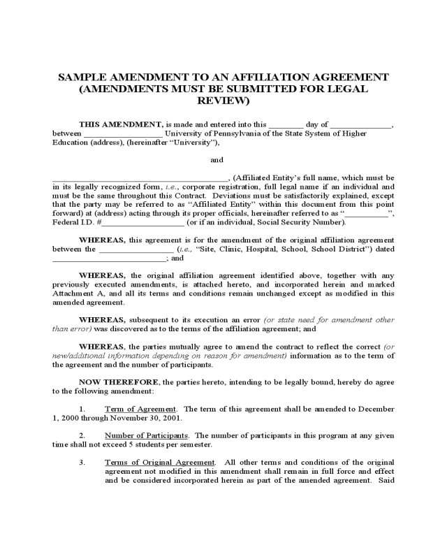 Sample Amendment to an Affiliation Agreement