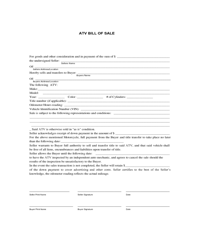 Sample ATV Bill of Sale Form