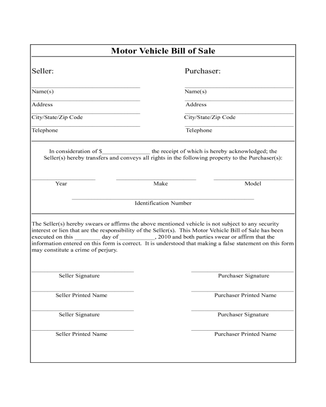 Sample Bill of Sale for Vehicle