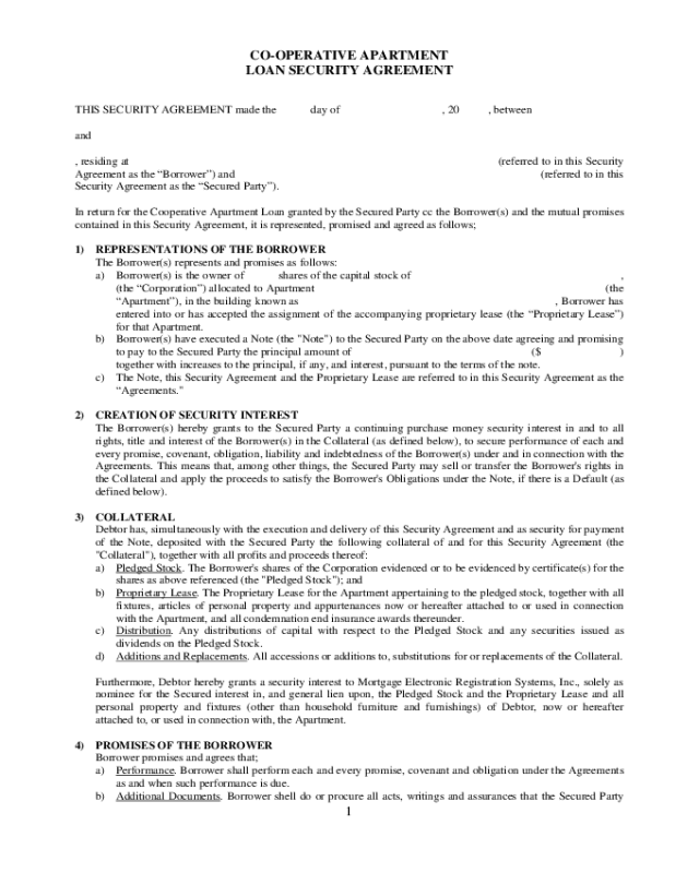 Sample Co-Operative Apartment Loan Security Agreement