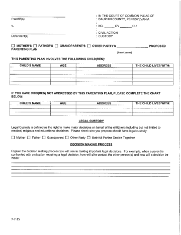 Sample Custody Parenting Plan - Pennsylvania - Edit, Fill, Sign Online ...