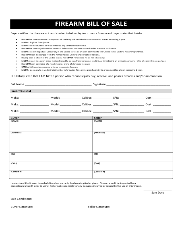 Sample Firearm Bill of Sale Form