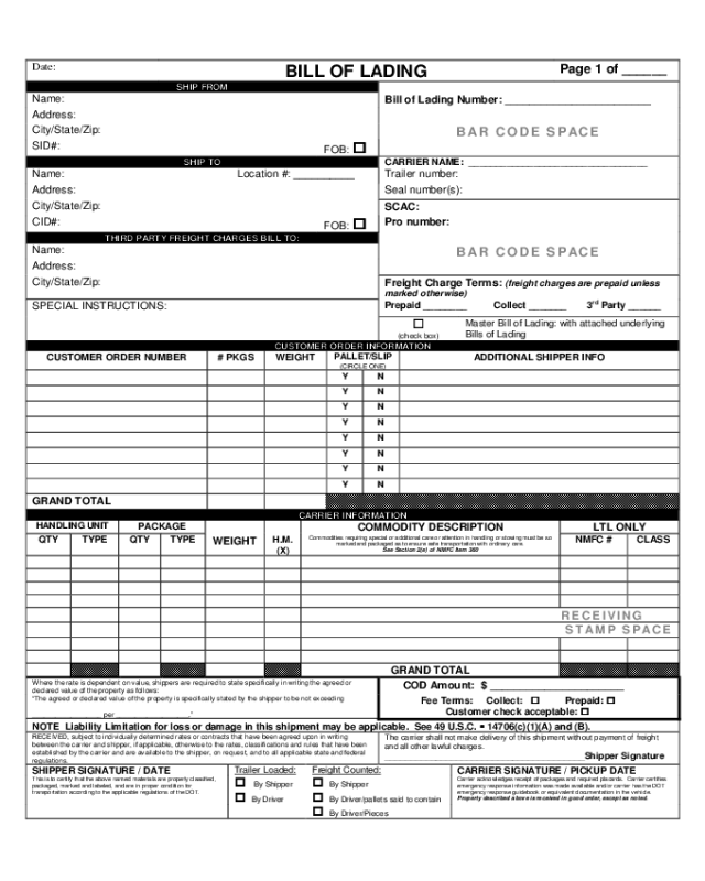 Sample Form for Bill of Lading