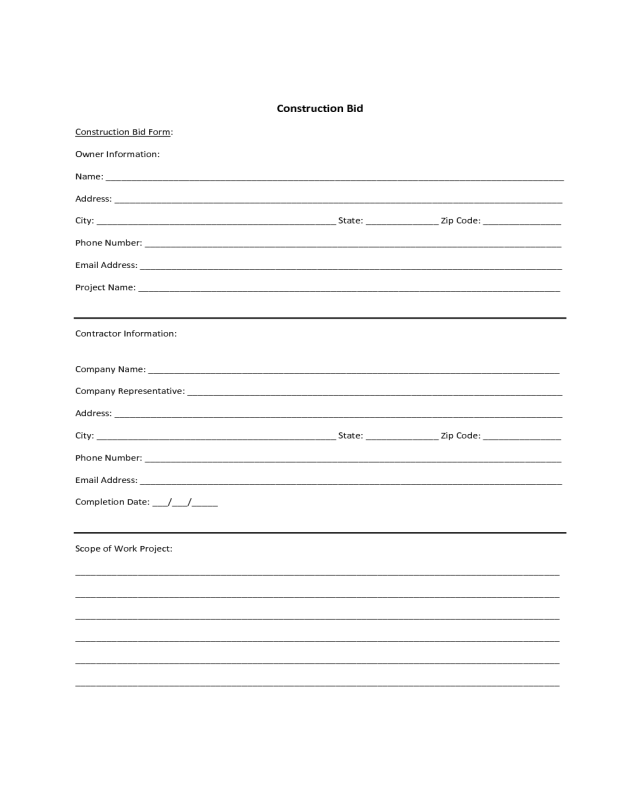 Sample Form for Construction Bid