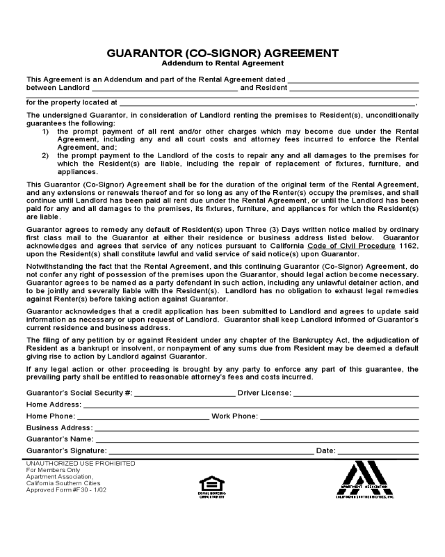 Sample Form for Guarantor Agreement