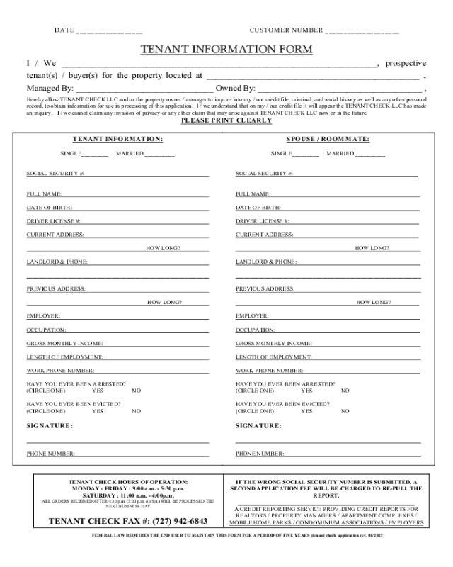 Sample Form for Information of Renters
