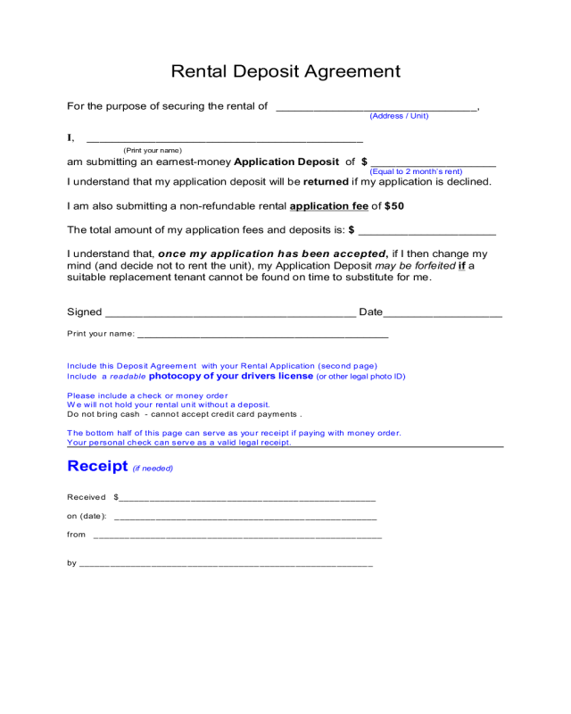 Sample Form for Rental Deposit