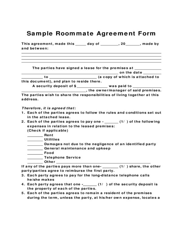 Sample Form for Roommate Agreement