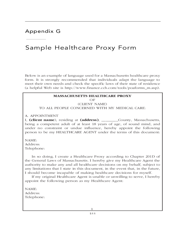 Sample Healthcare Proxy Form - Massachusetts