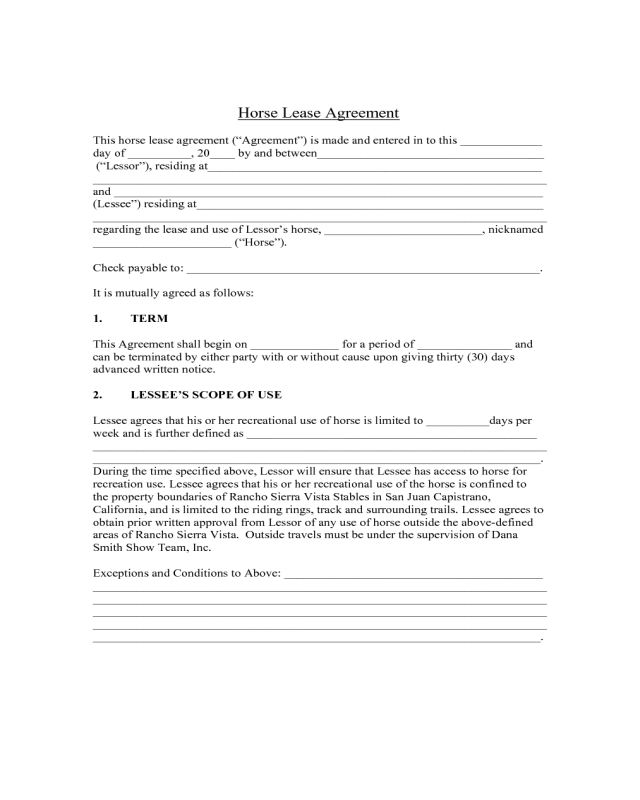 2022 horse lease agreement fillable printable pdf forms handypdf