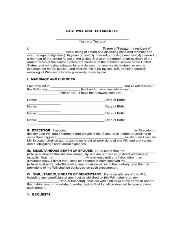 Sample Last Will and Testament Form