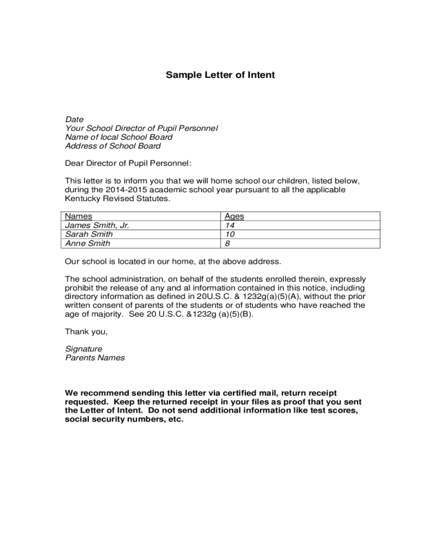Sample Letter of Intent Template