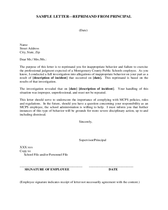 Sample Letter of Reprimand from Principal