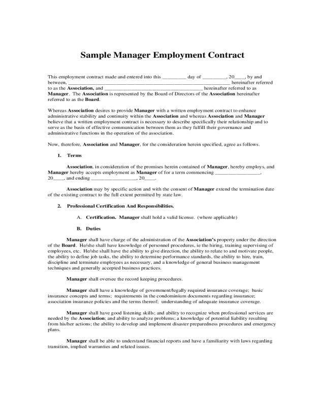 Sample Manager Employment Contract