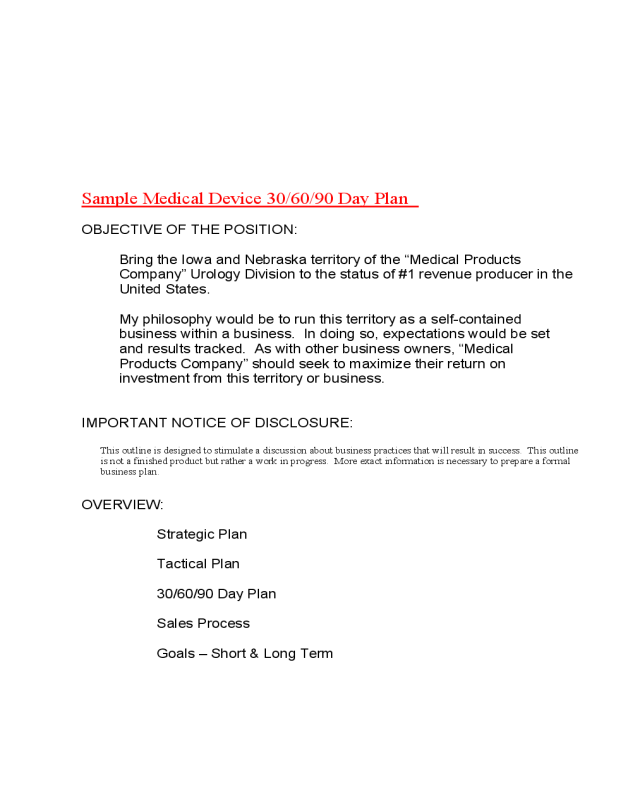 Sample Medical Device 30-60-90 Day Plan