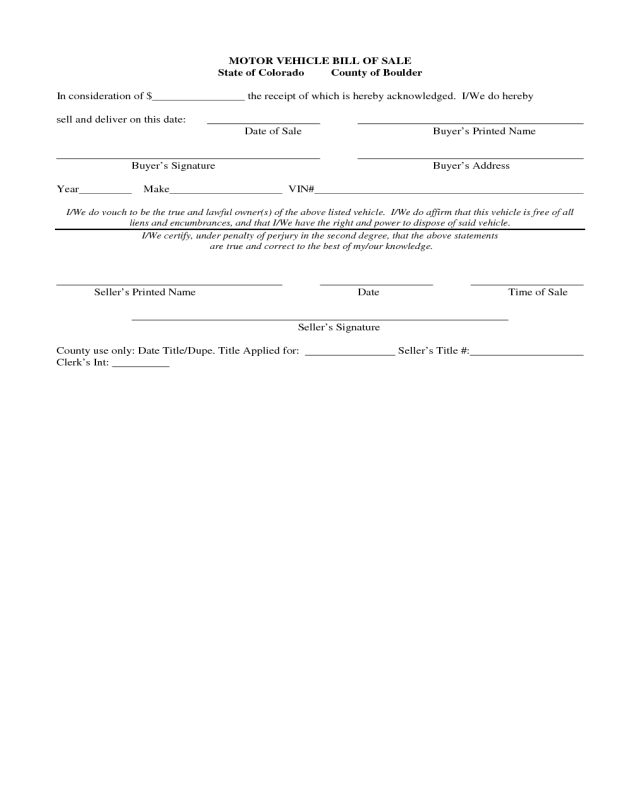 Sample Motor Vehicle Bill of Sale Form - Colorado