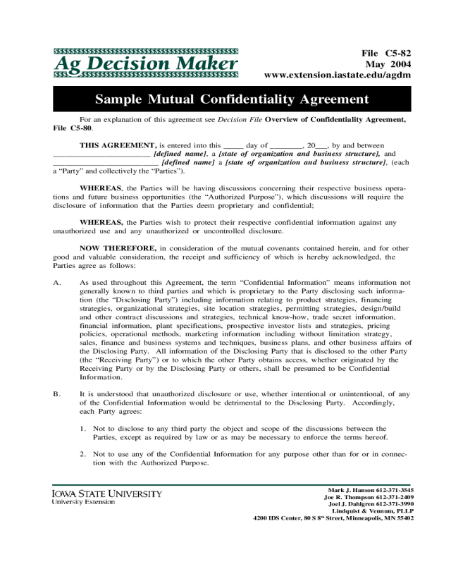 Sample Mutual Confidentiality Agreement