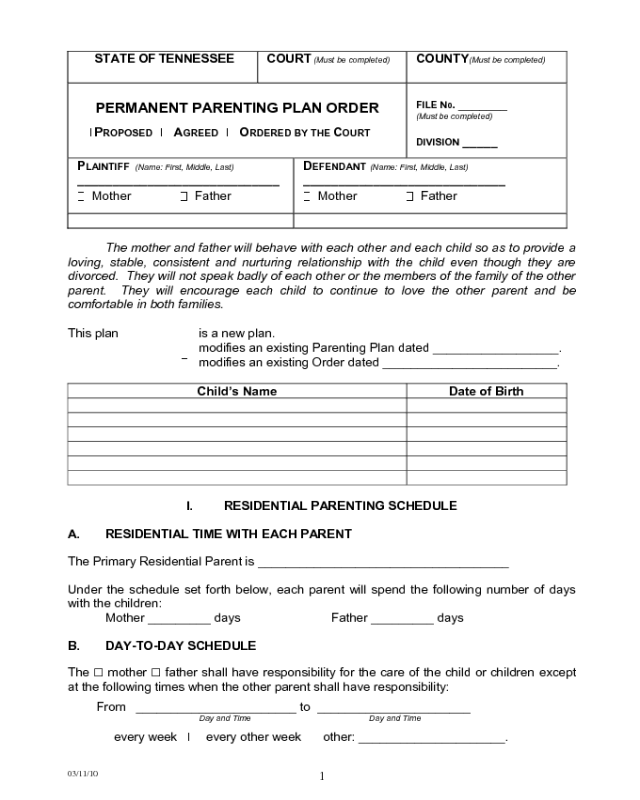 Sample Permanent Parenting Plan Order - Tennessee