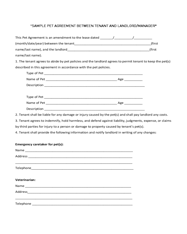 Sample Pet Agreement between Tenant and Landlord/Manager
