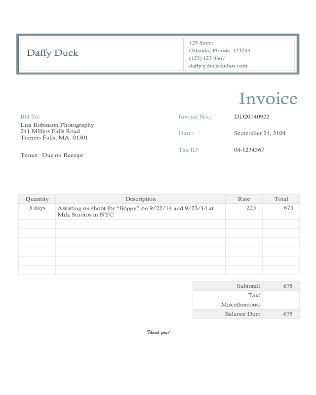 Sample Photography Invoice for Photographers