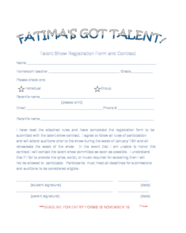 Sample registration Form for Talent Show
