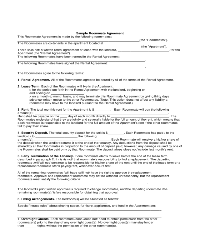 Sample Roommate Agreement Form