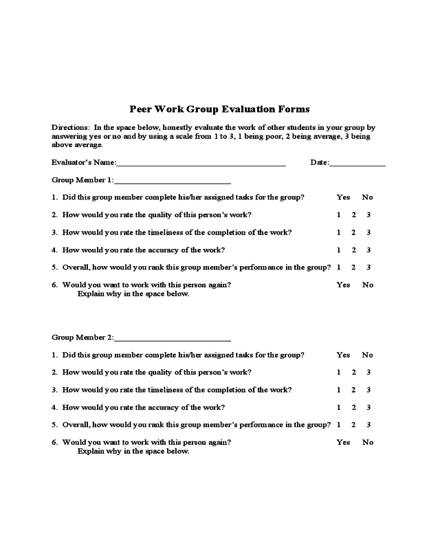 Sample Student Peer Evaluation Form