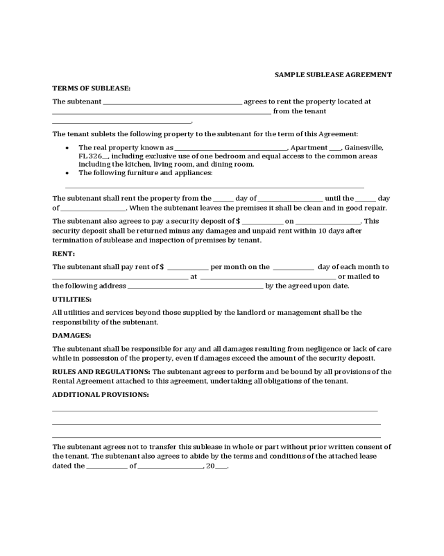 Sample Sublease Agreement