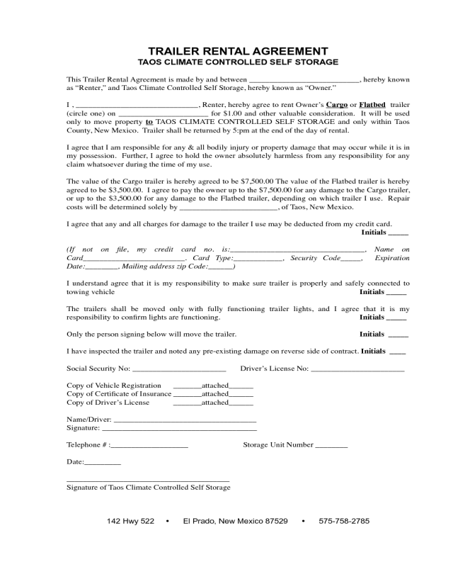 Sample Trailer Rental Agreement Edit Fill Sign Online Handypdf
