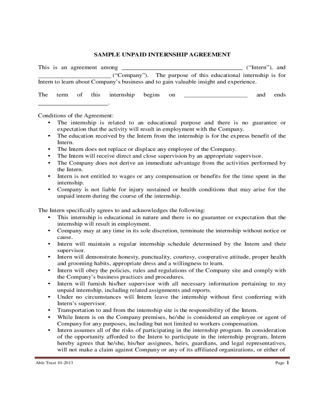Sample Unpaid Internship Agreement