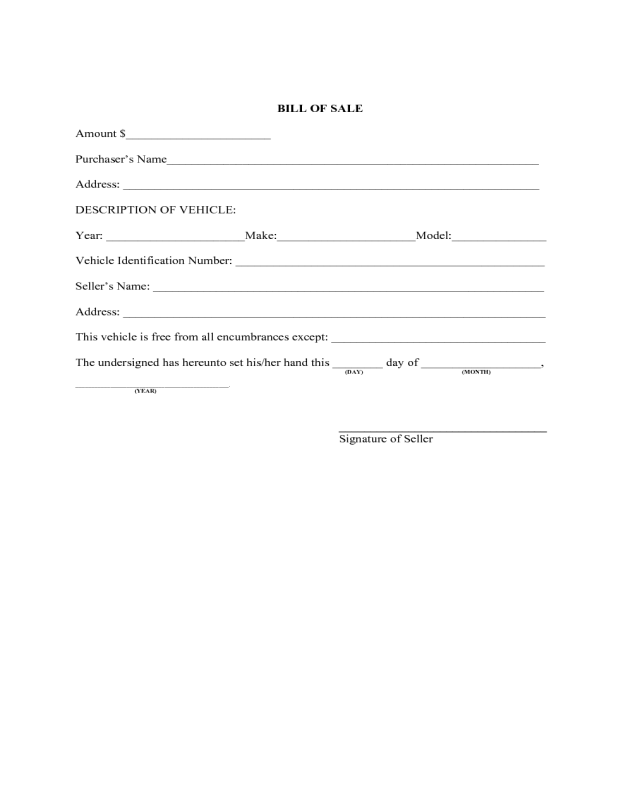 Sample Vehicle Bill of Sale Form