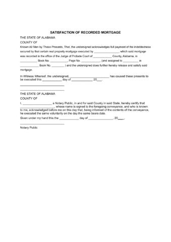 2024 Alabama Satisfaction of Mortgage Form - Fillable, Printable PDF ...