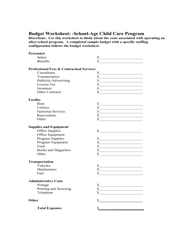School Age Child Care Program Budget Worksheet