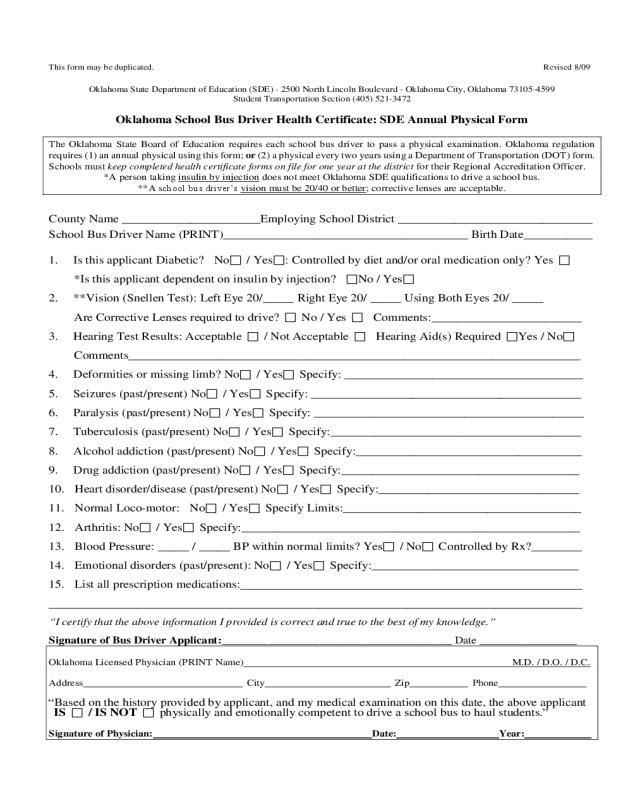 School Bus Driver Health Certificate: SDE Annual Physical Form - Oklahoma
