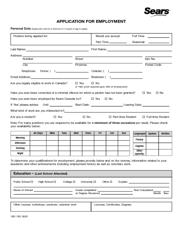 Sears Application Form