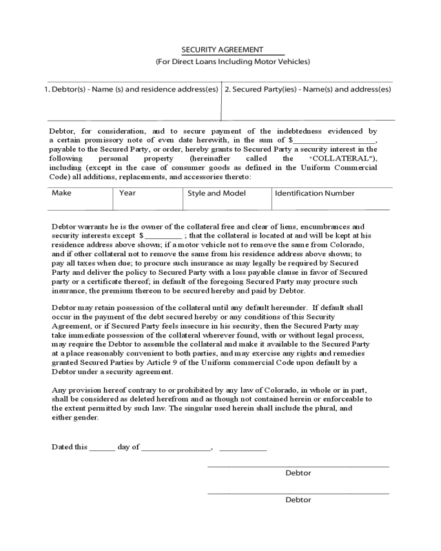 Security Agreement (For Direct Loans Including Motor Vehicles) - Denver