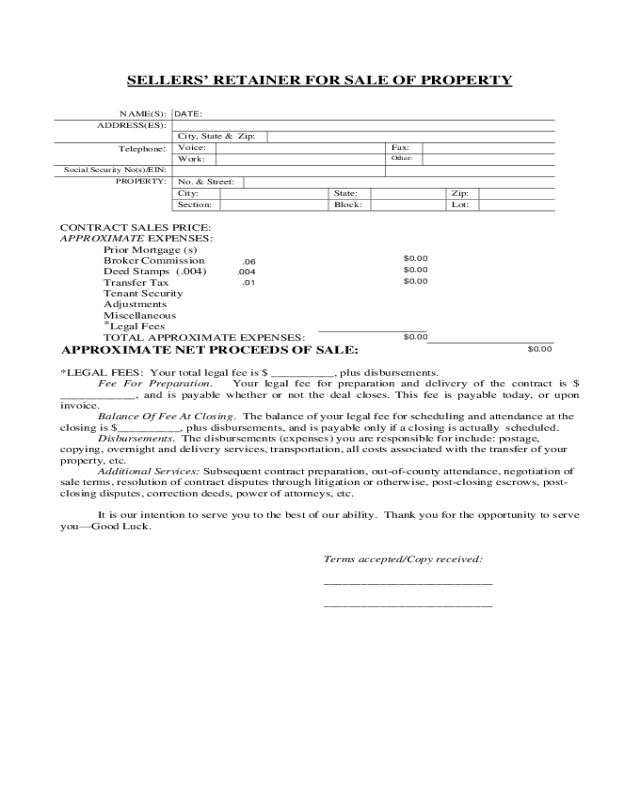 Sellers' Retainer for Sale of Property Form
