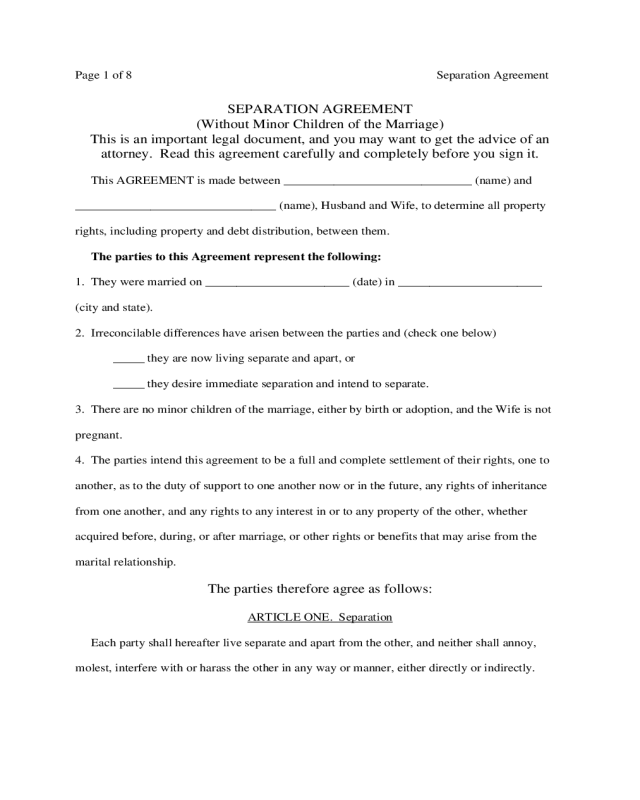 Separation Agreement (Without Minor Children of the Marriage)