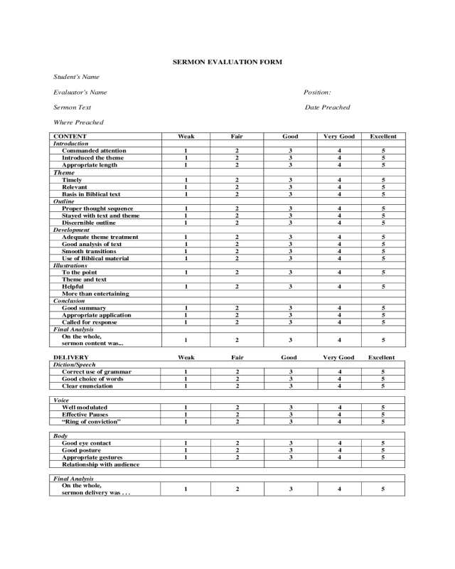 Sermon Evaluation Form for Students