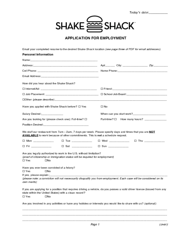 Shake Shack Application Form