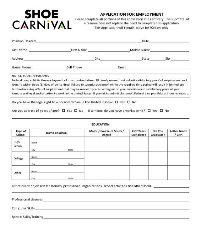 Shoe Carnival Application Form
