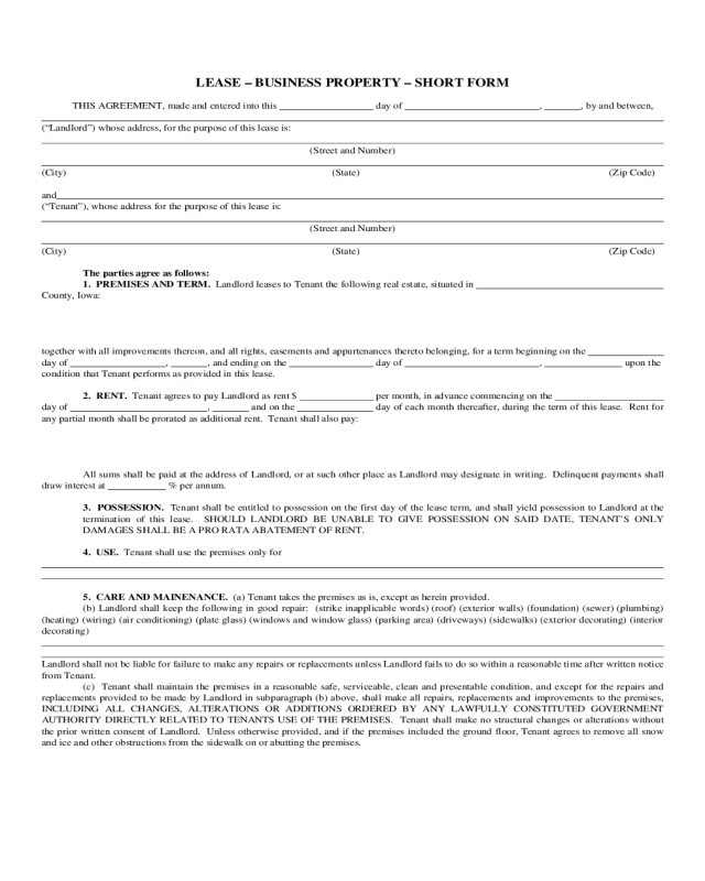 Short Business Property Lease Form