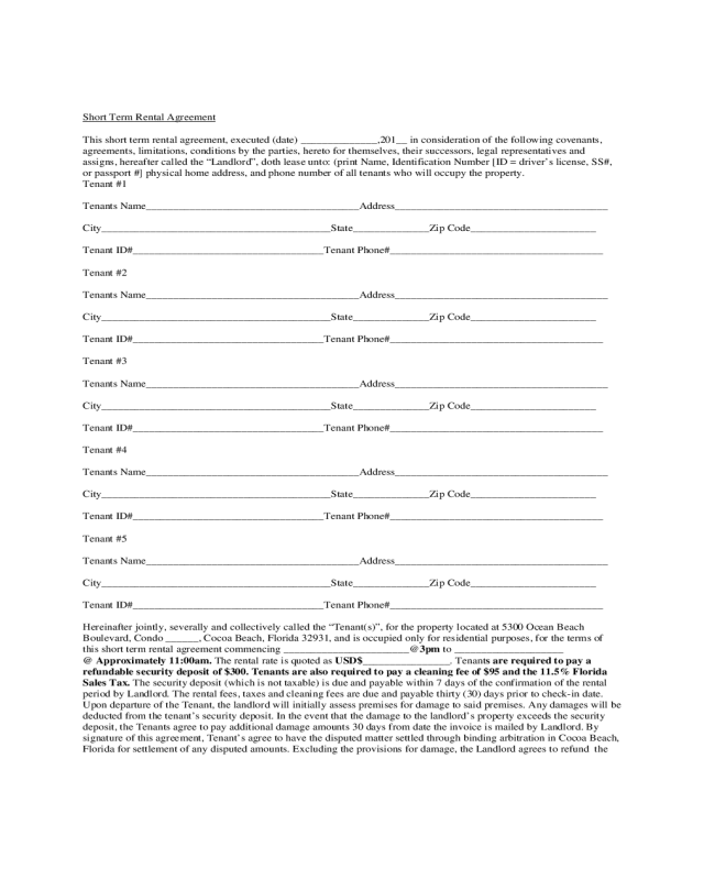 Short Term Rental Contract Form - Florida