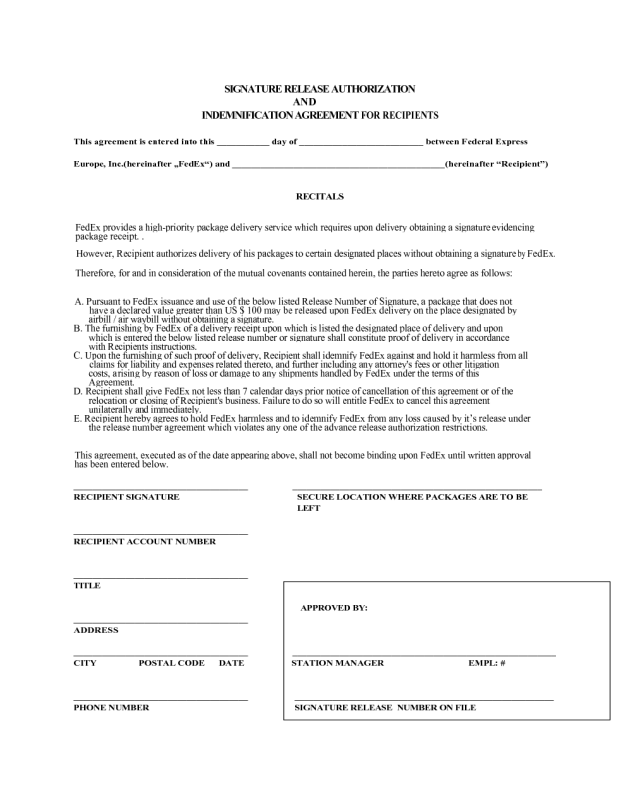 Signature Release Authorization and Indemnification Agreement for Recipients