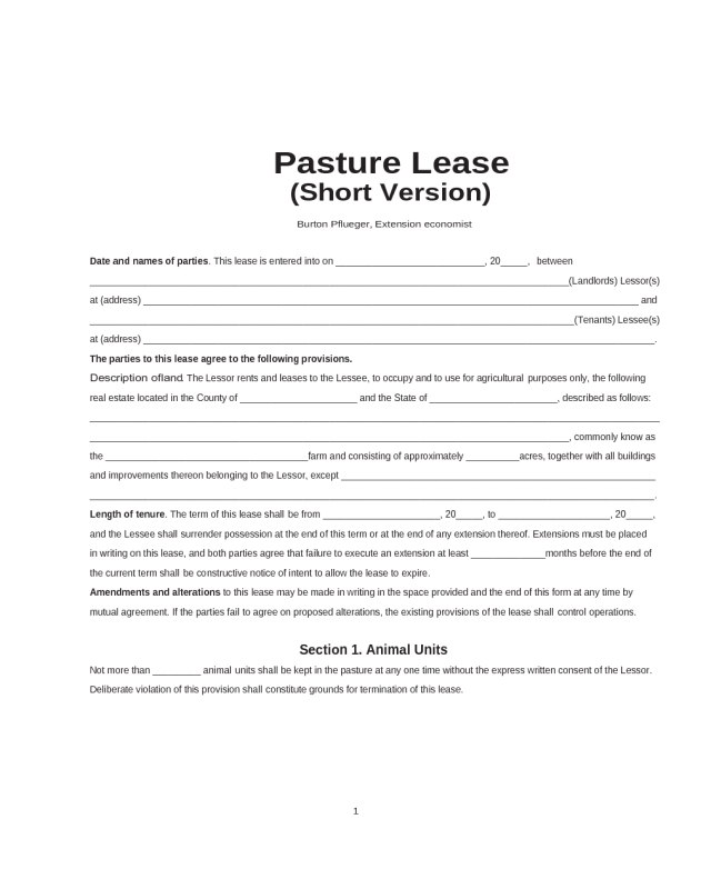 Simple Pasture Lease Agreement