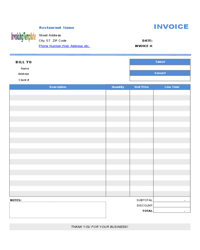 Simple Restaurant Invoice Template